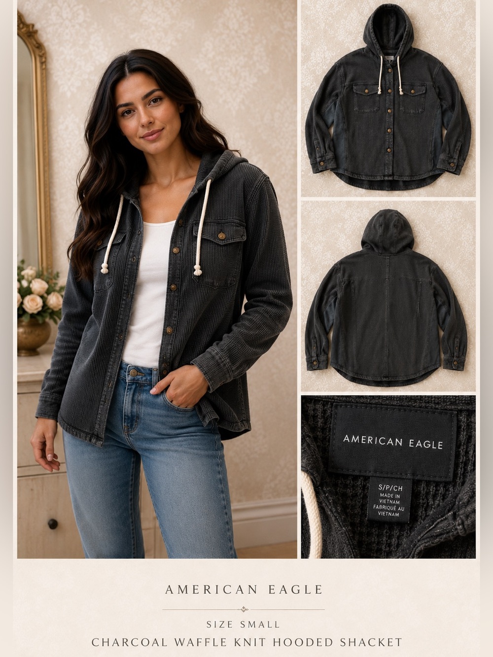 American Eagle Charcoal Waffle Knit Hooded Shacket Size Small Oversized - Picture 2 of 11